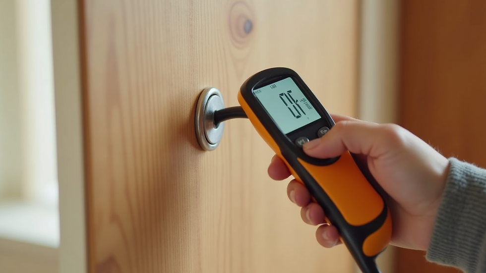 Close-up view of a moisture meter being used on a wooden wall