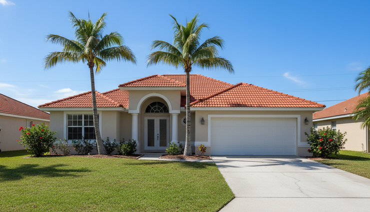 Wide-angle view of a Florida single-family home with a tiled roof and palm trees.
