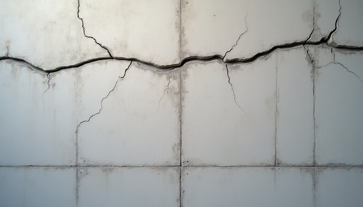 Close-up view of a cracked concrete foundation wall showing visible horizontal and vertical cracks