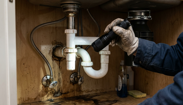 Close-up view of a home inspector checking the cabinet under a kitchen sink.