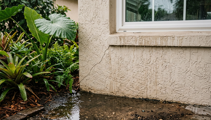 Close-up view of rainwater near a stucco wall and exterior window.
