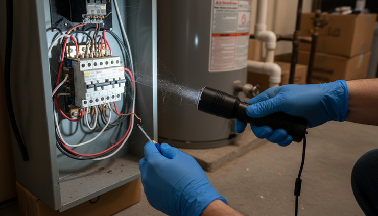 Close-up view of a home inspector checking an electrical panel inside a residential utility area.