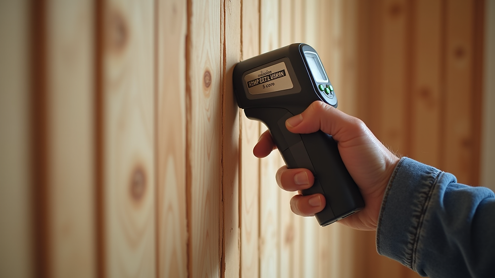 Close-up view of a home inspector using a moisture meter on a wooden wall