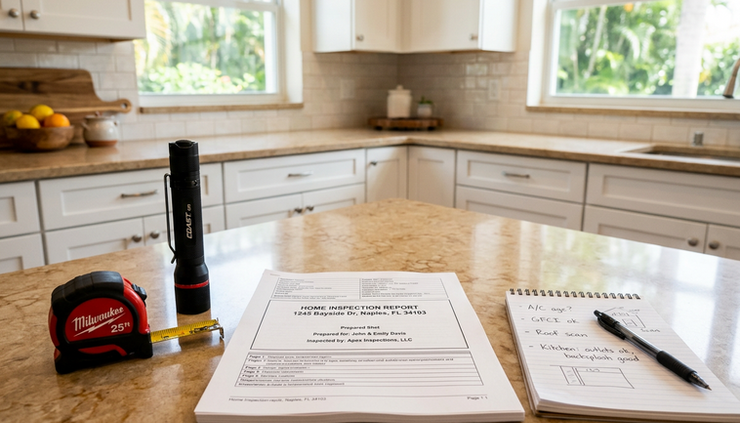 Eye-level view of a home inspection report beside a flashlight and tape measure on a kitchen counter.