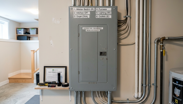Eye-level view of a residential electrical panel in a clean basement utility area.