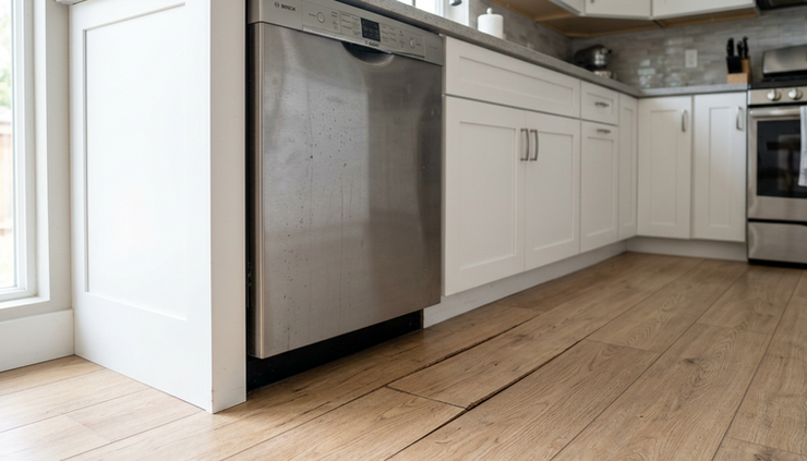 Eye-level view of a kitchen floor with a slight gap near a dishwasher.