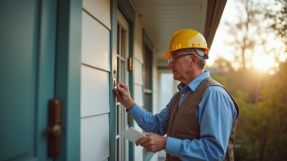 Eye-level view of a certified home inspector examining a house exterior