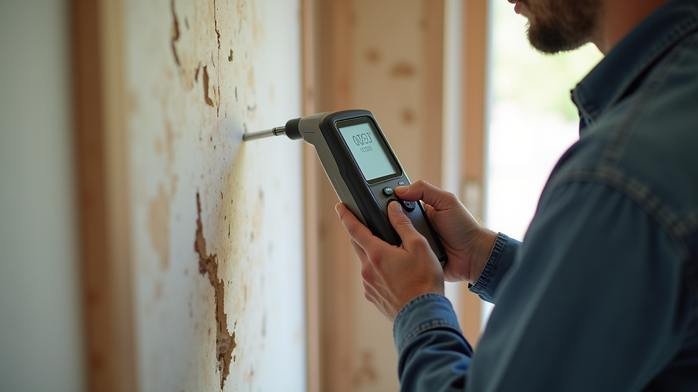 Close-up view of a home inspector using a moisture meter on a wall