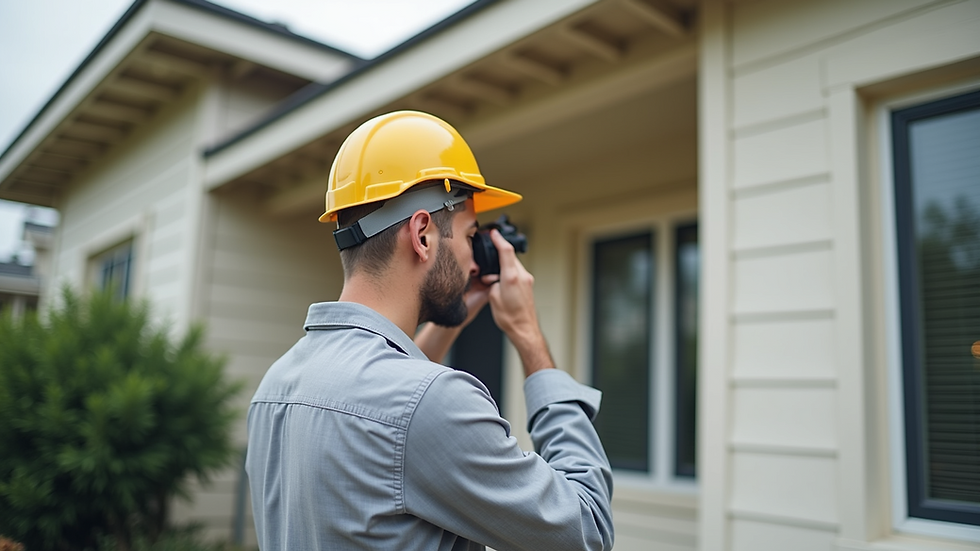 Eye-level view of a home inspector examining a house exterior