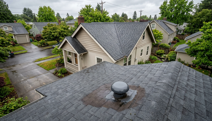 Wide-angle view of a small house roof after light rain