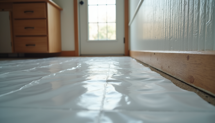 Eye-level view of vapor barrier installation under a mobile home floor