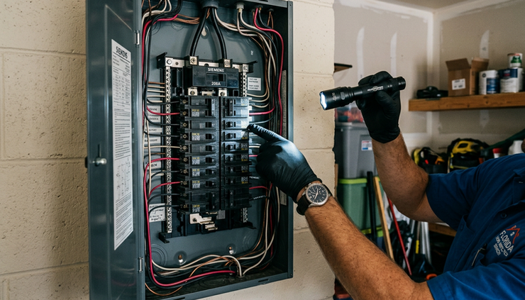 Eye-level view of an electrical panel being inspected inside a home