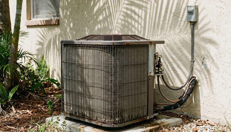 Close-up view of an exterior air conditioning unit near a stucco wall