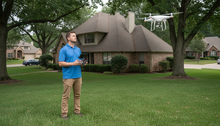Eye-level view of an inspector monitoring a drone near a house exterior