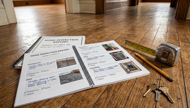Overhead view of an open inspection report beside a tape measure and house keys on a worn wood floor.