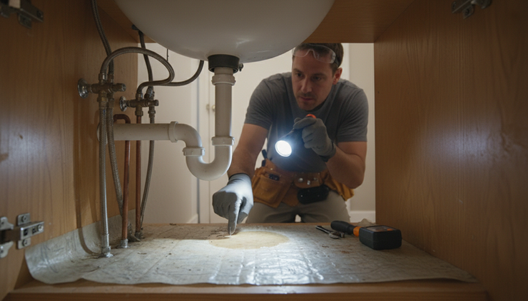 Close-up view of a home inspector pointing to a minor plumbing leak under a sink