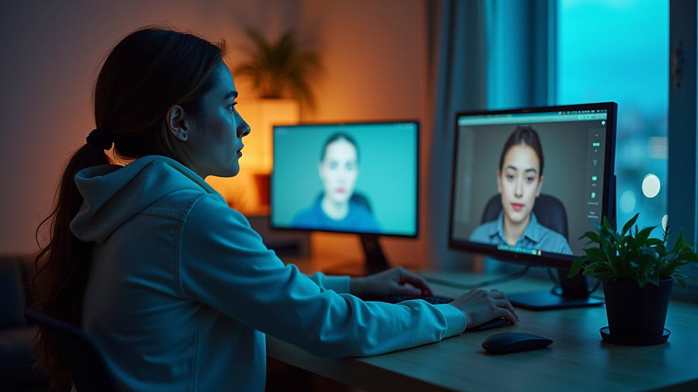 Vista a nivel de ojo de una persona meditando frente a una pantalla con sesión virtual