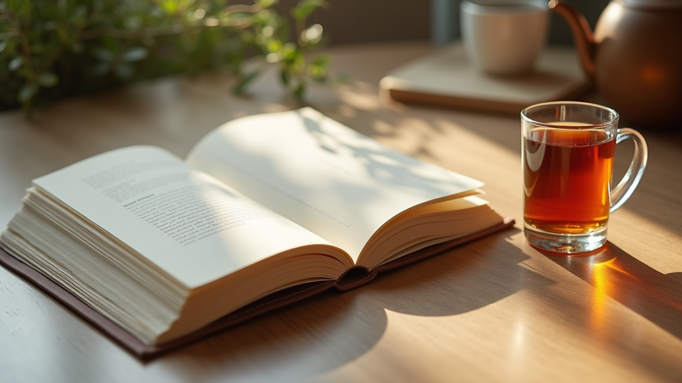 Plano detalle de un cuaderno abierto con notas sobre ThetaHealing y una taza de té al lado