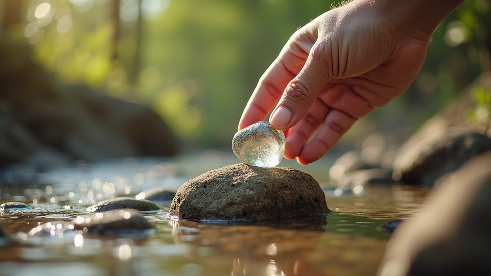 Plano cercano de manos sosteniendo una piedra de cuarzo transparente sobre un fondo de naturaleza