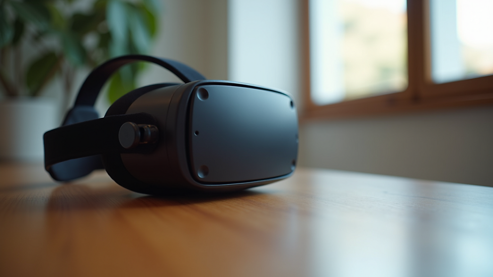 Eye-level view of a virtual reality headset resting on a wooden table