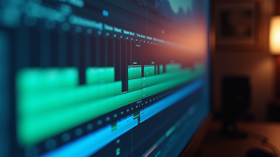 Close-up view of a video editing screen with timeline and color correction tools
