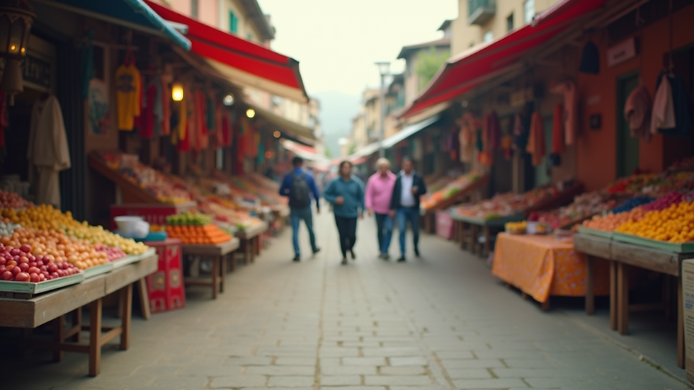 Eye-level view of a vibrant outdoor market with colorful stalls