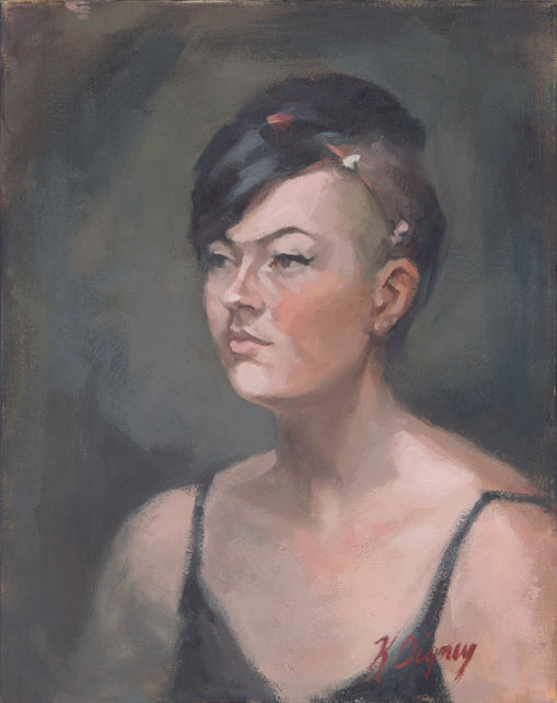 Oil painting of a young woman with black hair