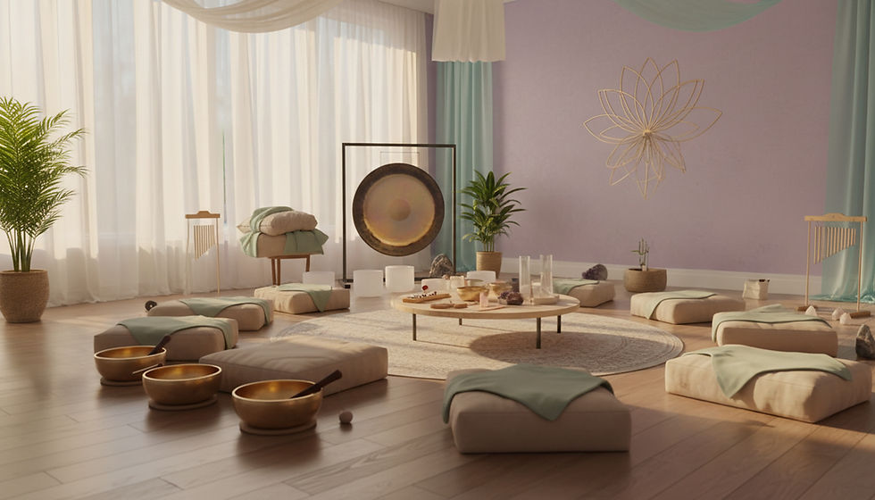 Eye-level view of a calm studio room set up for a sound bath session