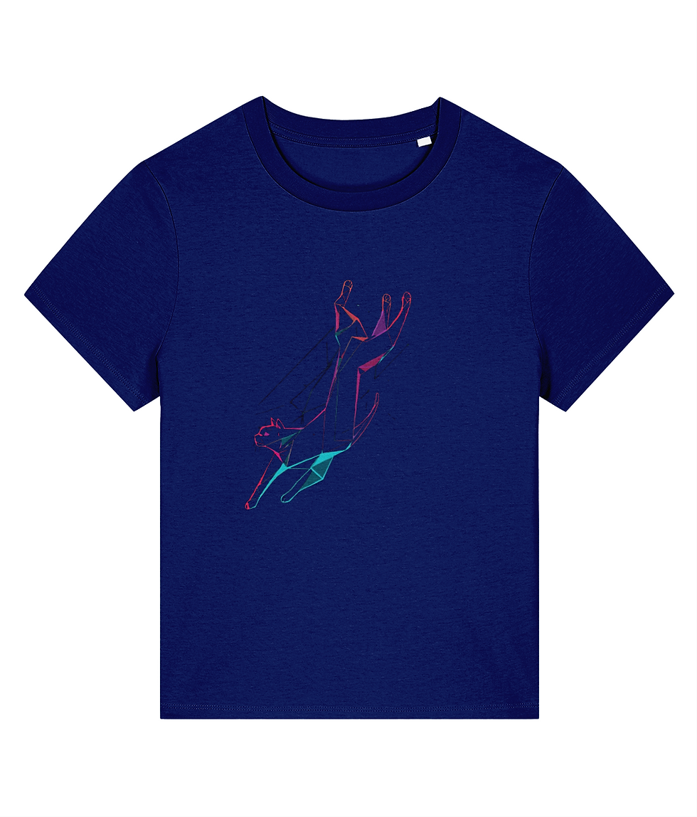 Thumbnail: Unisex cotton t-shirt featuring an abstract geometric jumping cat design in vibrant colors, perfect for cat lovers and fans o
