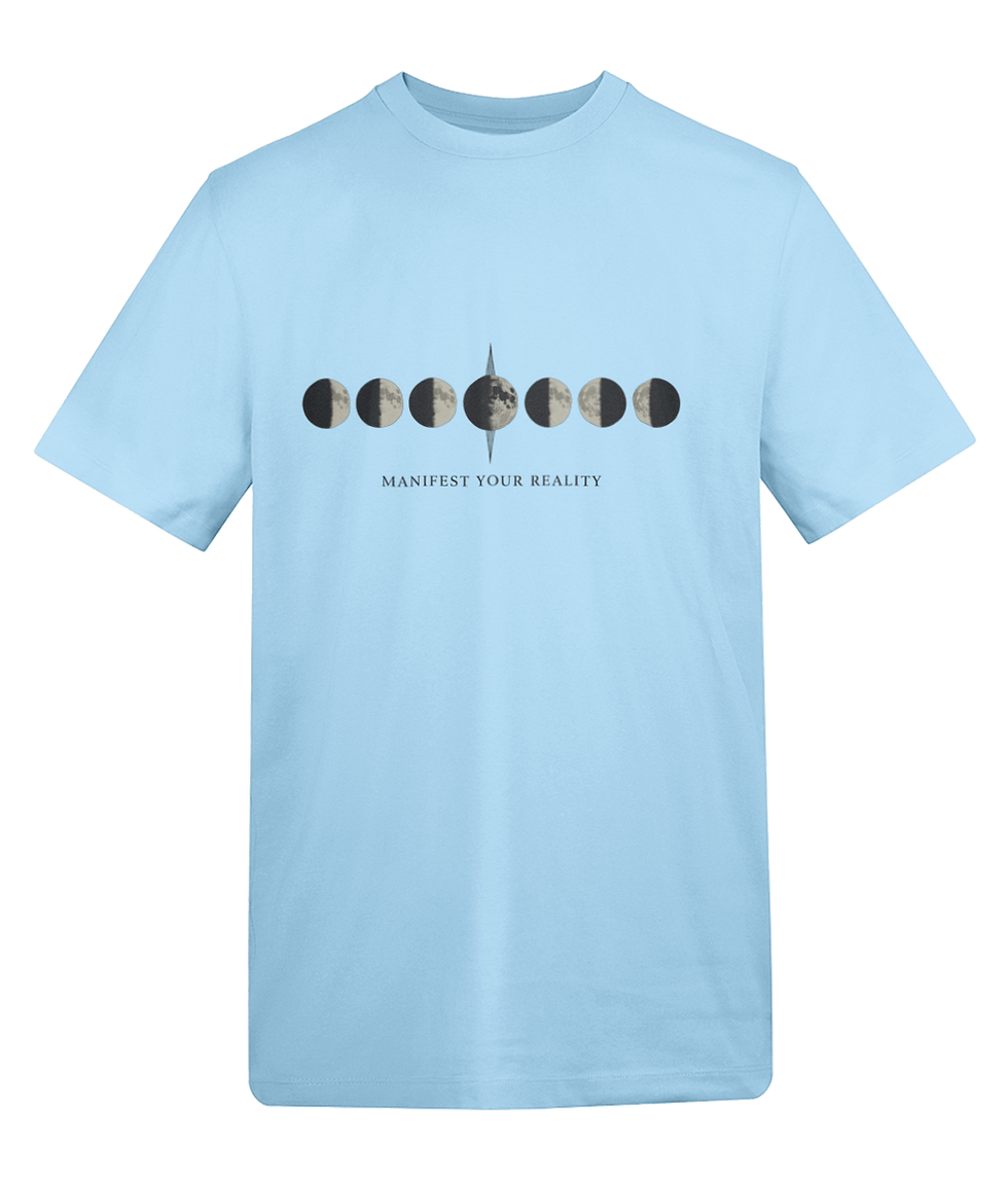 Thumbnail: Minimalist unisex t‑shirt with “Manifest Your Reality” text and horizontal moon phases graphic in cotton tshirttshirt 