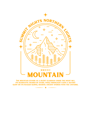Summit Nights Northern Lights, mountain graphic with text and trees, and moon.