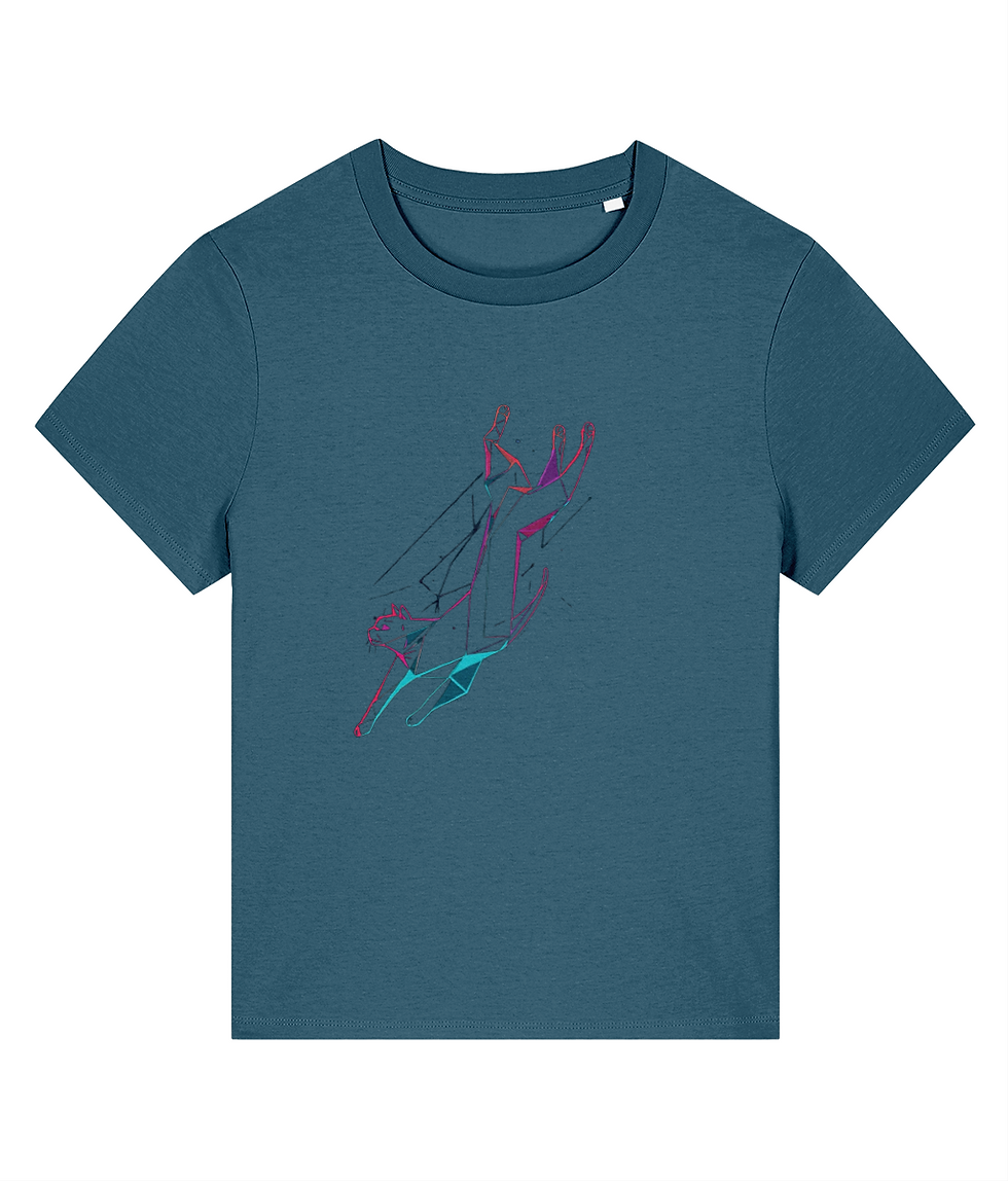 Thumbnail: Unisex cotton t-shirt featuring an abstract geometric jumping cat design in vibrant colors, perfect for cat lovers and fans o