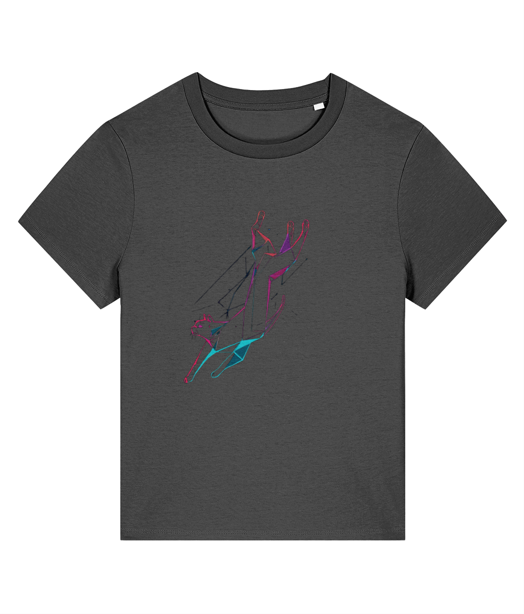 Unisex cotton t-shirt featuring an abstract geometric jumping cat design in vibrant colors, perfect for cat lovers and fans o