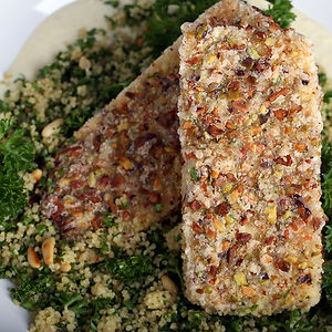 Pistachio-crusted tofu over horseradish