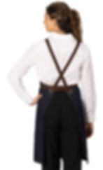 Edwards 9097 indigo denim bib apron back view with cross-back faux leather straps comfortable hospitality cotton apron