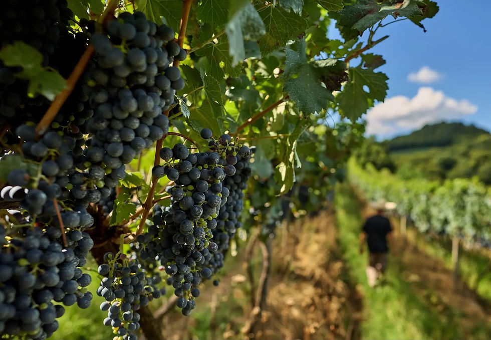 Close-up de cachos de uvas escuras, representando a tradição vitivinícola de Bento Gonçalves, na Serra Gaúcha.