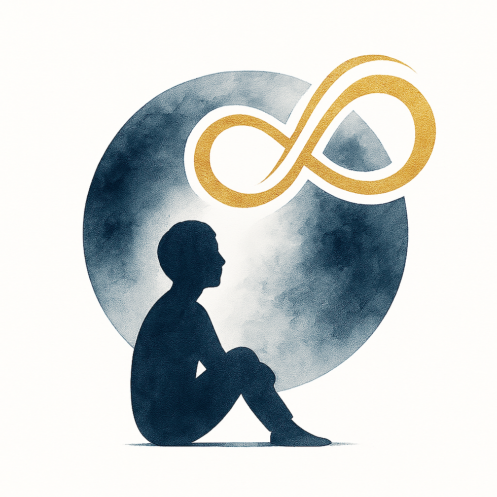 A silhouette of a seated figure against a watercolor moon, above which hovers a golden infinity symbol—a metaphor for the energetic integration following a developmental session.