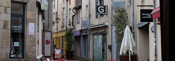 Photographie d'une rue piétonne et commerçante à Clisson, bordée de bâtiments anciens aux façades claires.