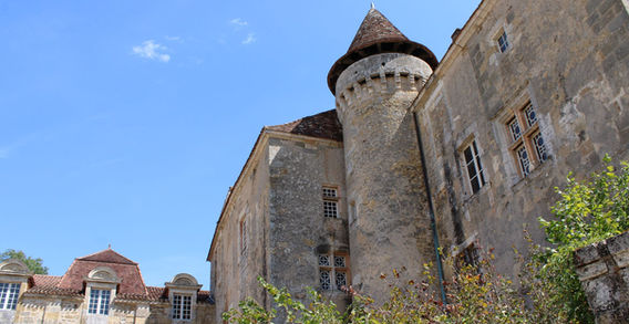 Vue en contre-plongée de la tour d'angle et des fortifications du château de La Marthonie à Saint-Jean-de-Côle.
