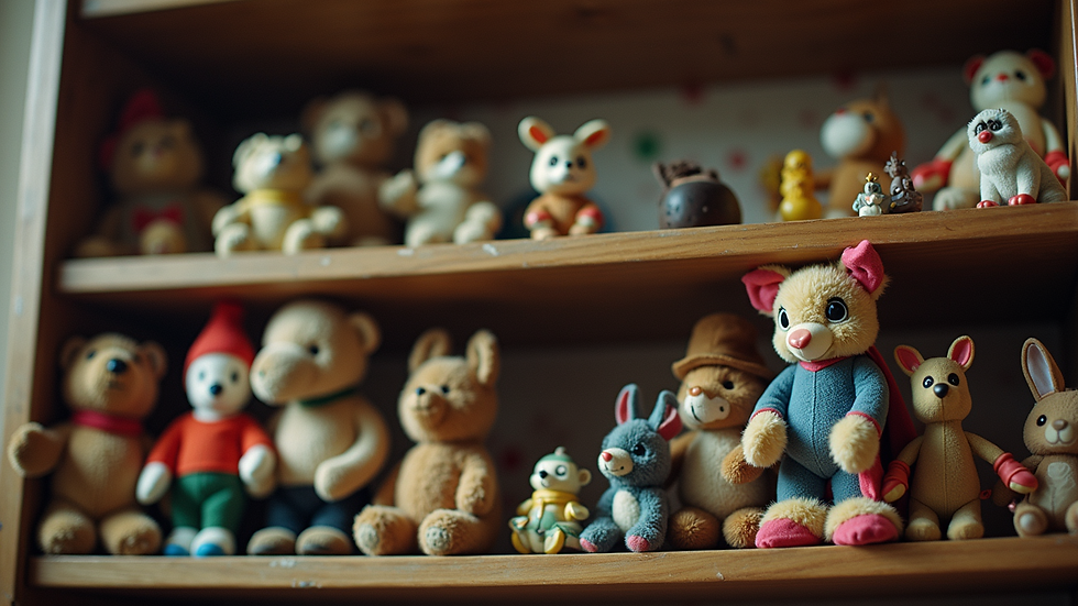 Eye-level view of a collector's shelf filled with vintage toys