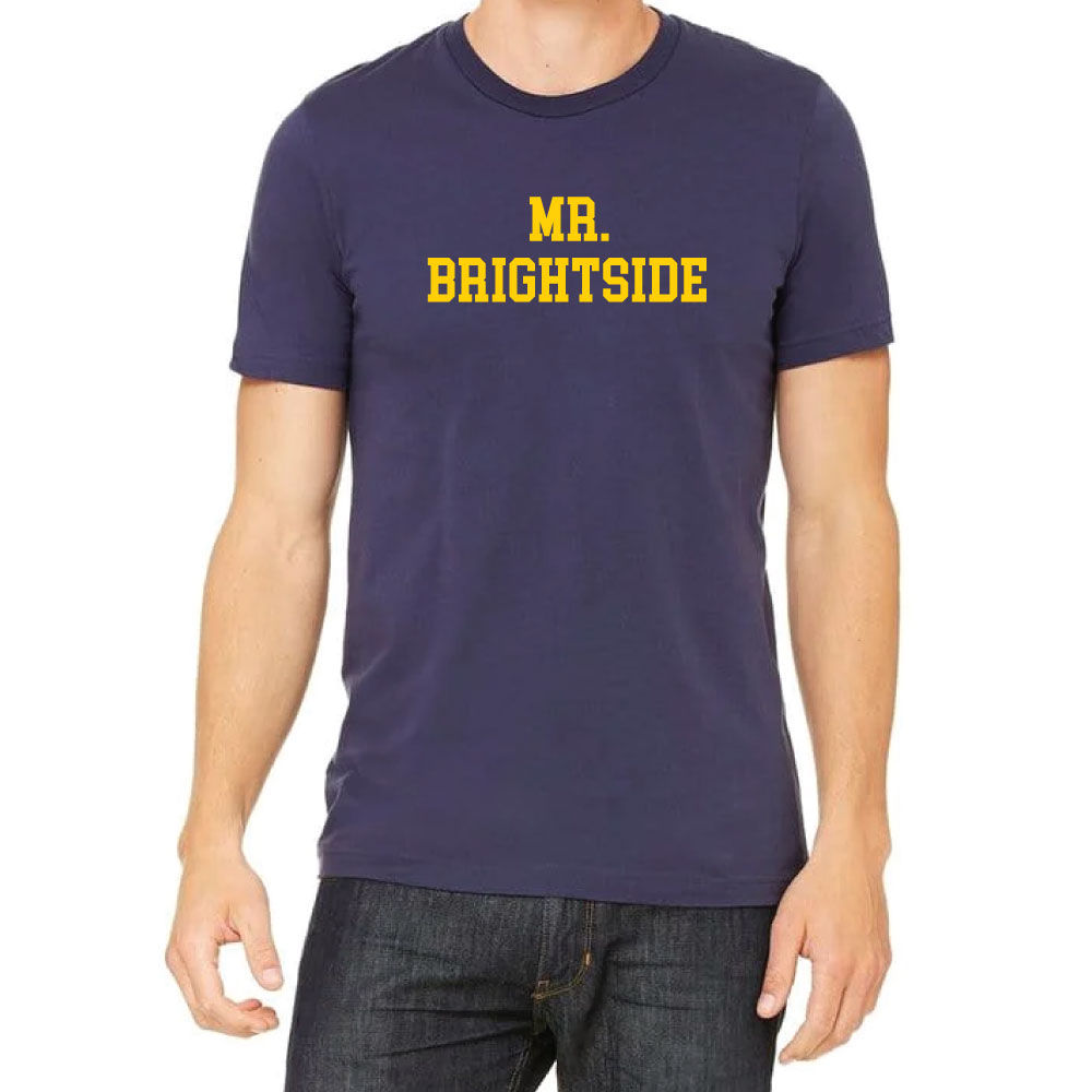A navy blue t-shirt with the text Mr. Brightside in a block maize font.