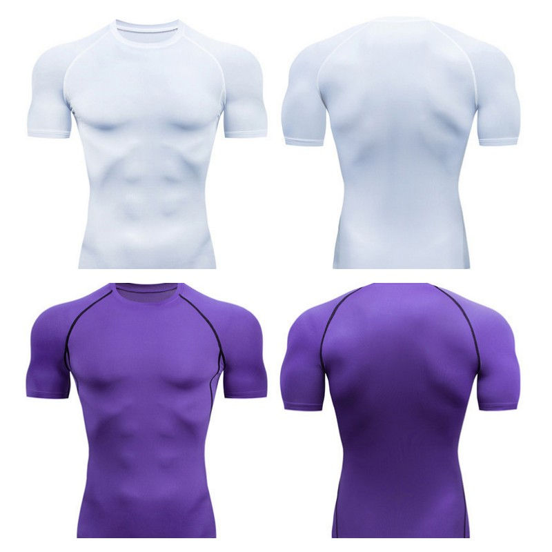 Thumbnail: White and purple compression shirts, front and back views
