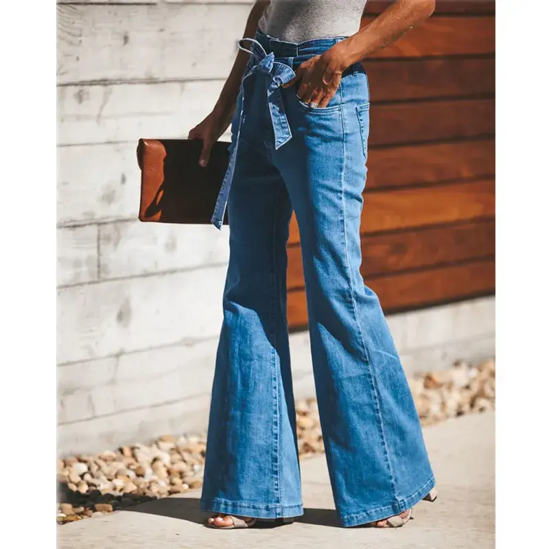 Thumbnail: Blue Tie Waist Flare Jeans Women Slim Denim Trousers Vintage Clothes