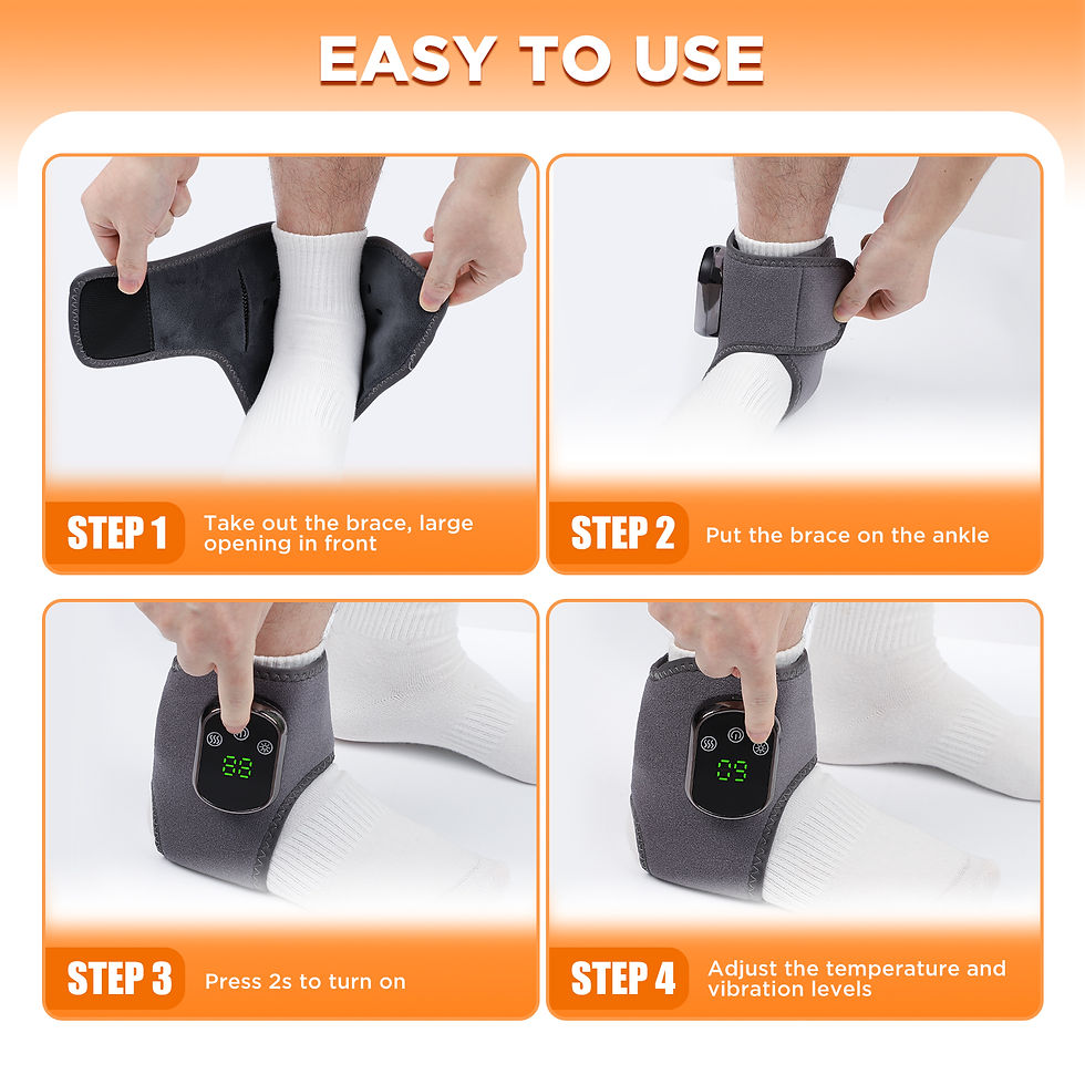 Thumbnail: Instructions for using ankle brace: step 1, large opening in front, step 2, place brace on ankle, step 3, press to turn on, step 4, adjust temperature.