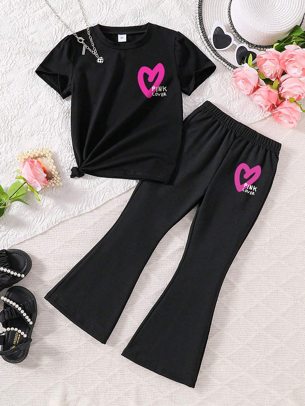 Thumbnail: Black t-shirt and pants set with pink heart design