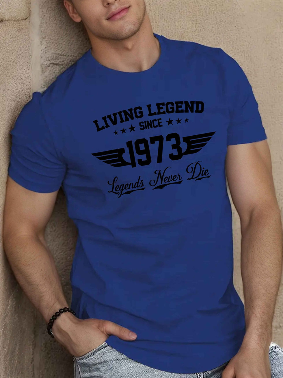 Thumbnail: Blue t-shirt with "Living Legend Since 1973" text.