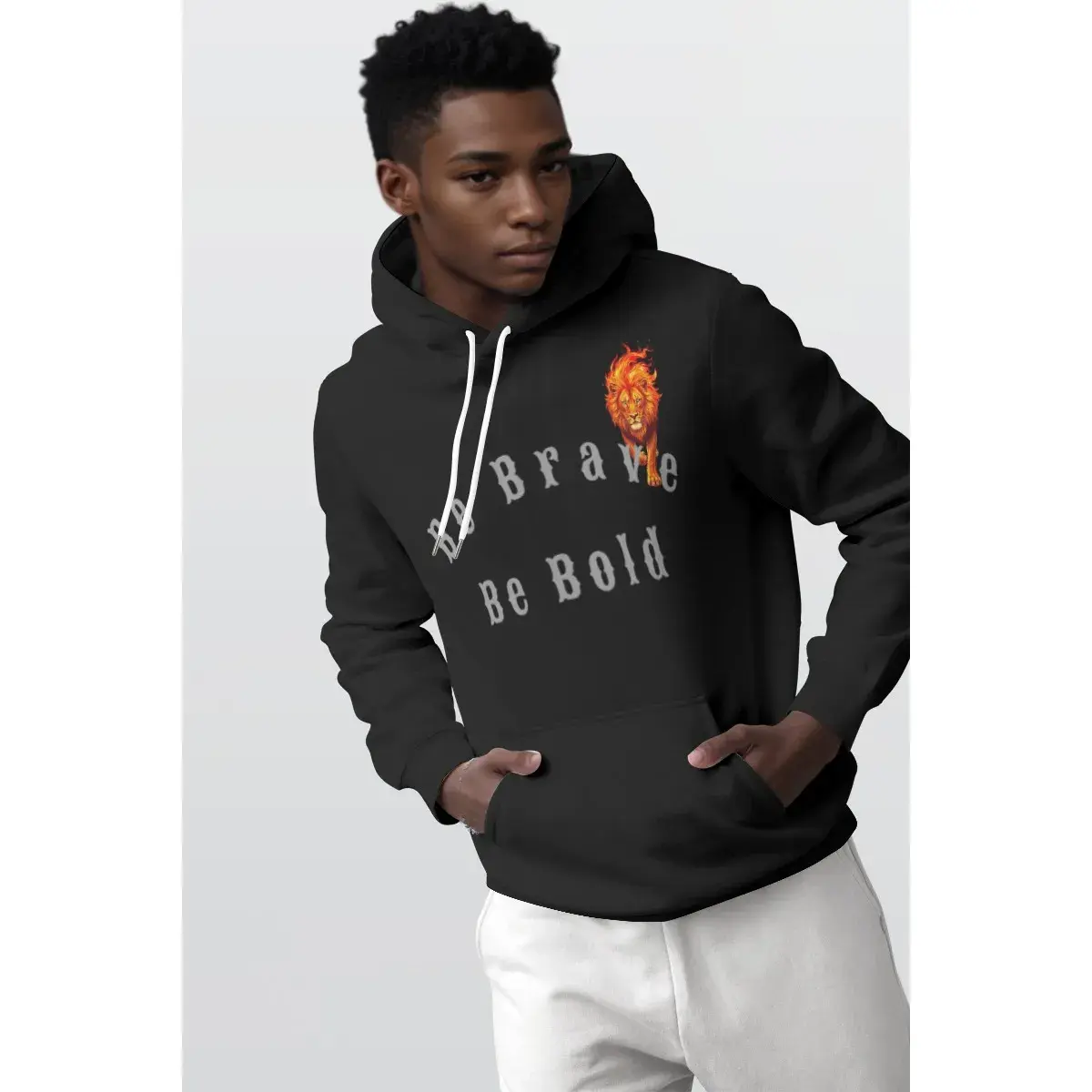 Man wearing a black hoodie with "Brave Be Bold" text, Zantra07.