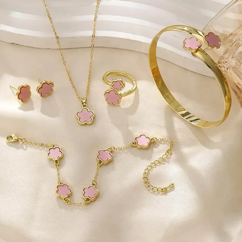 Thumbnail: Gold jewelry set with pink flower accents from Zantra07