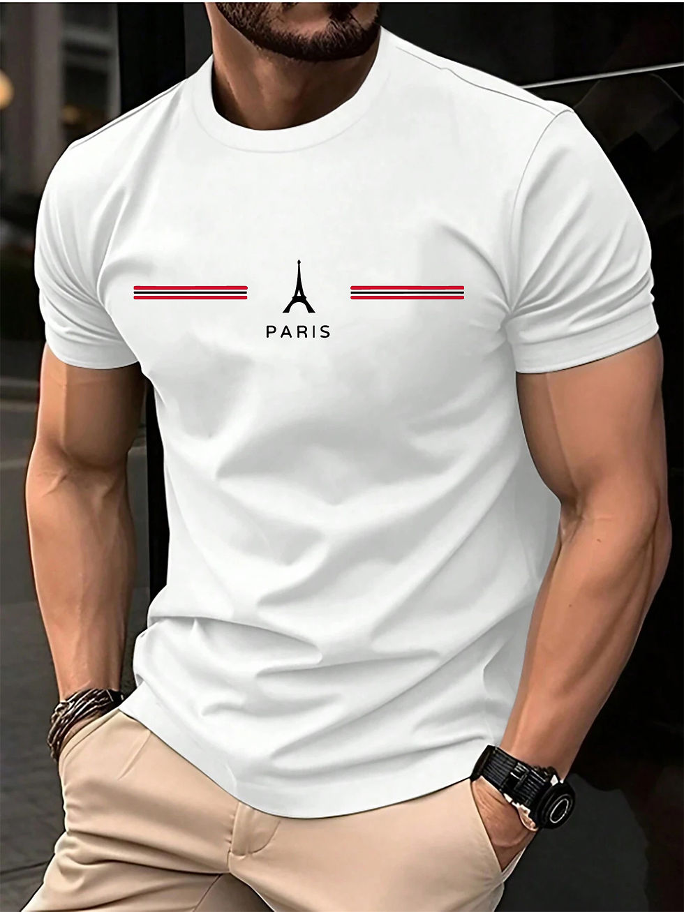 Thumbnail: Man wearing a white t-shirt with a Paris design