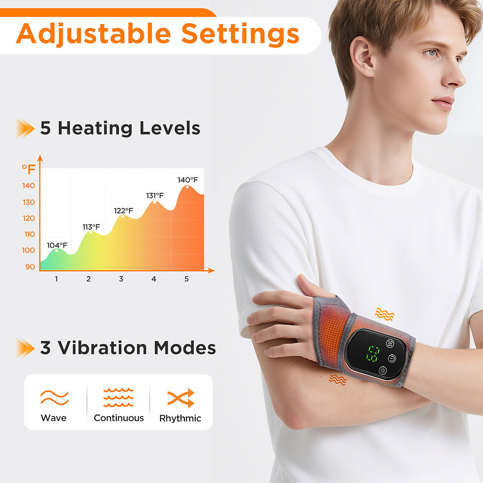 Thumbnail: Wrist brace with adjustable settings for heating levels and vibration modes.
